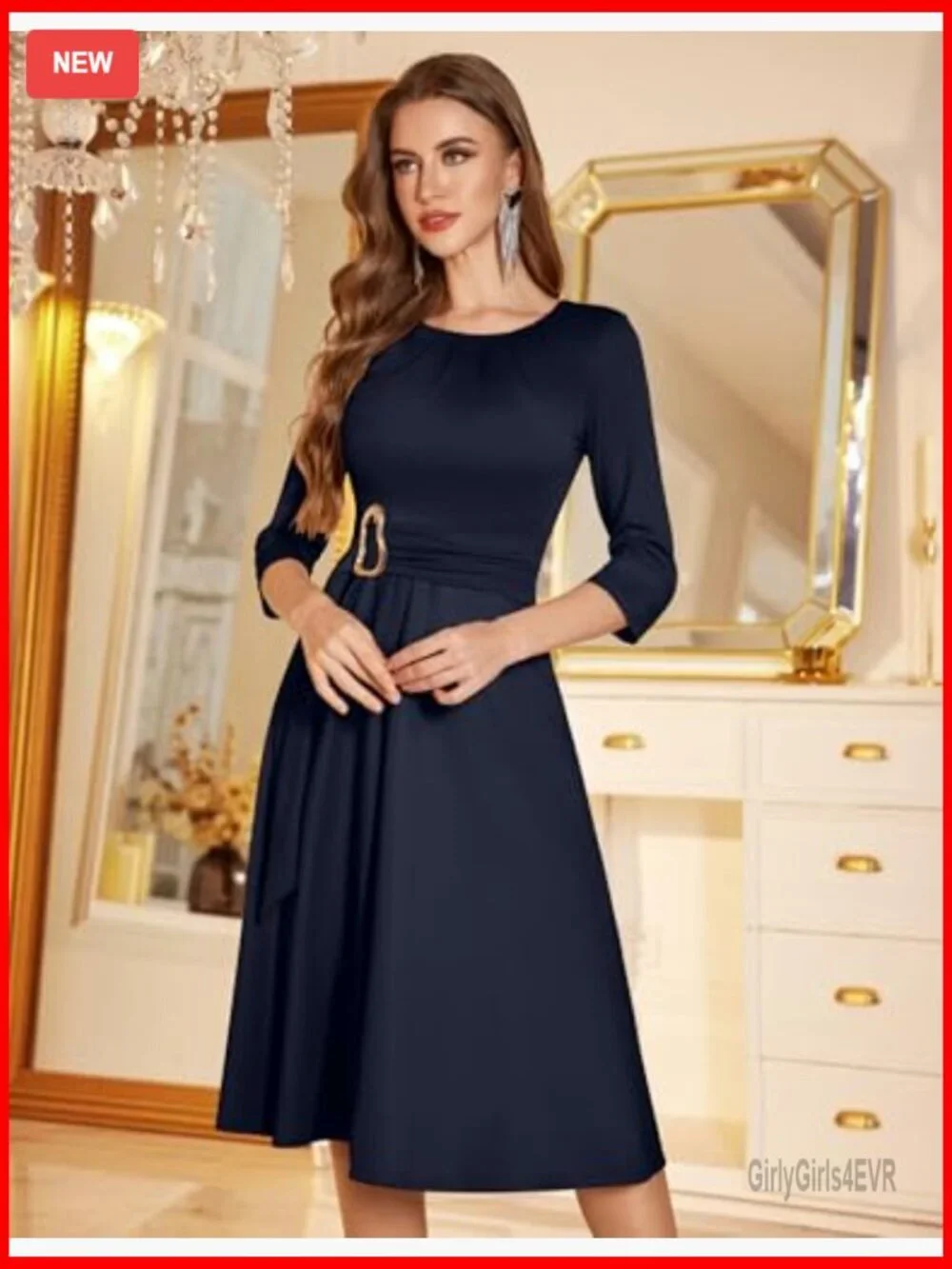 Elegant 3/4 Sleeve Fit & Flare Midi Cocktail Dress Formal Party